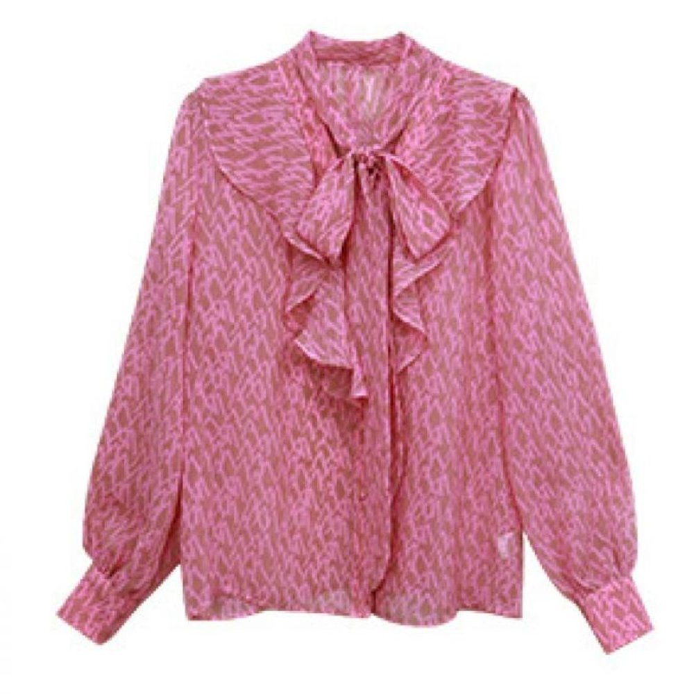 Pink Chiffon Blouse with Frill and Tie Neck